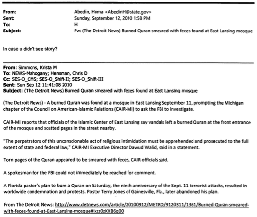 Unclassified email from Huma Abedin to Hillary Clinton dated September 12, 2010 and released August 31, 2015. Doc No. C05772407.